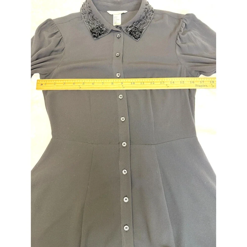H&M Black Beaded Collar Shirt Dress US 4 Button Front Fit Flare Long Sleeve